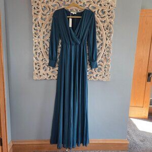 Baltic Born Lydia Maxi Dress in Topaz Teal size Small Faux Wrap Long Sleeve‎ NWT